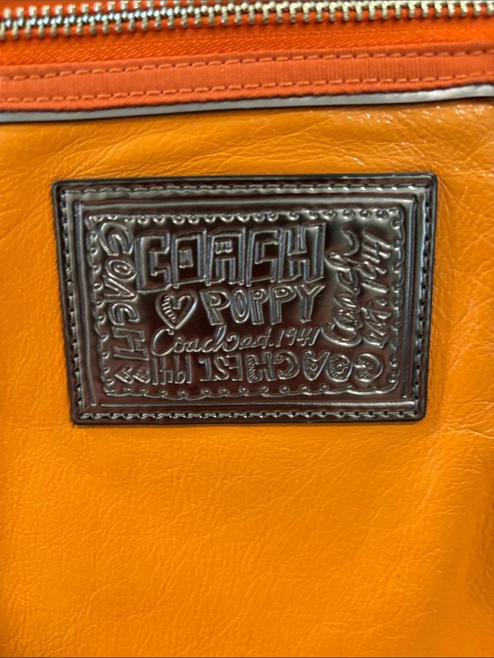 Coach Poppy Glam Bright Orange Shoulder Tote with Front Zip Pocket